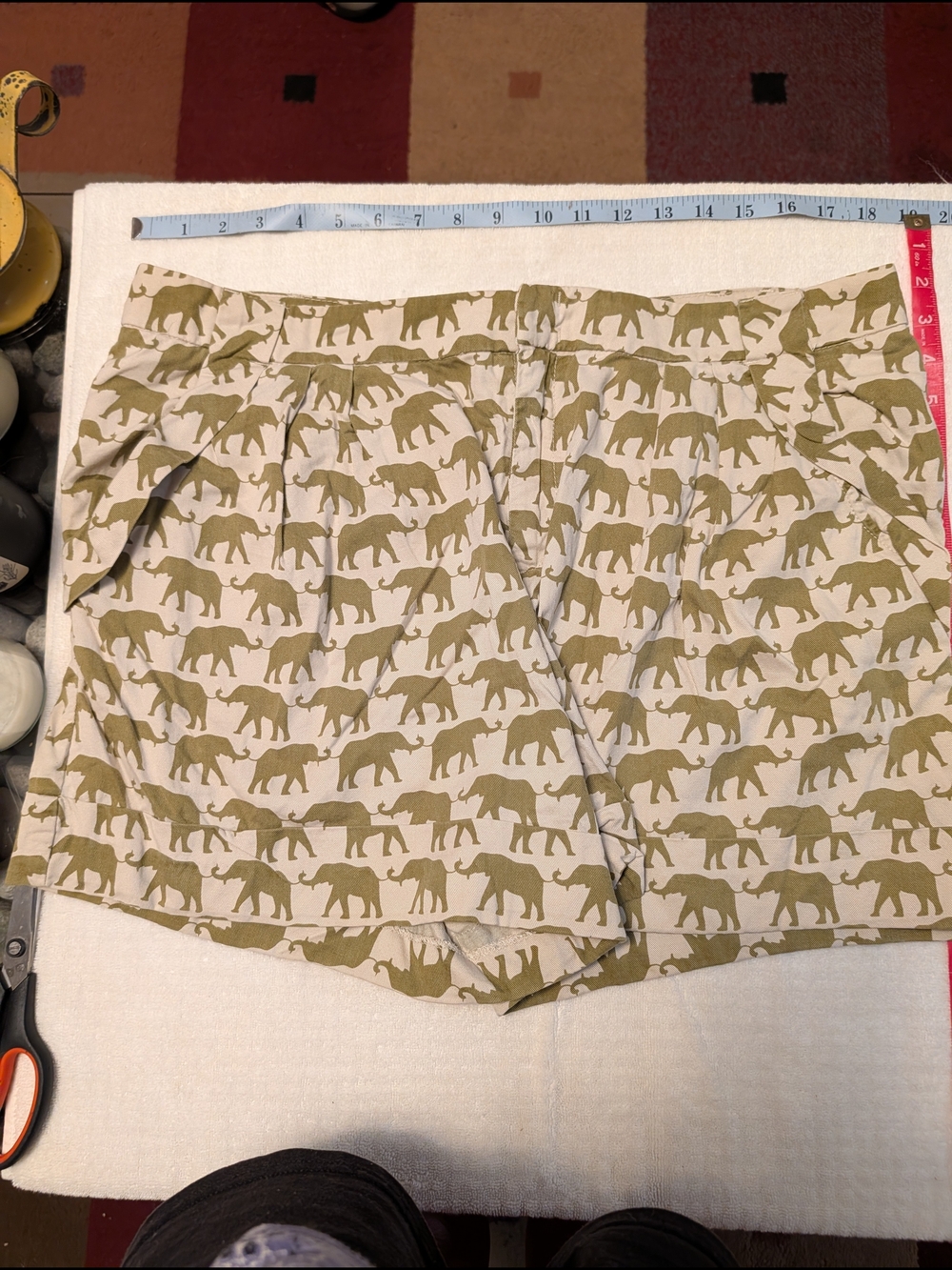 Anthropologie Elephant-Print Cream and Olive High-Waist Shorts